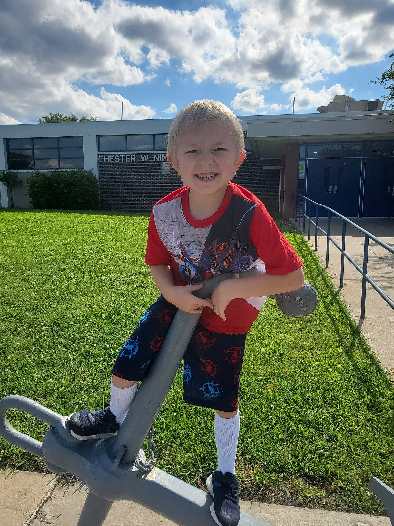 Stewart joined the competition — help win amazing prizes! asphalt, cloud, cool, electric_blue, fence, footwear, fun, grass, jeans, joy, knee, leisure, person, plant, recreation, shoe, sky, smile, sneakers, sock