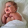 William joined the competition — help win amazing prizes! baby, infant, towel, white, curly_hair, blue_eyes, smile, skin, chubby, hands, cute, cute_baby, portrait, expression, happy, lying_down, blanket, soft, indoors, person