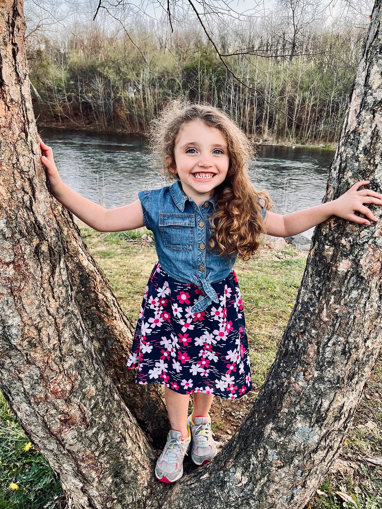 Ivey joined the competition — help win amazing prizes! botany, branch, eye, facial_expression, forest, fun, grass, happy, human_body, joy, leisure, people_in_nature, person, plant, smile, standing, tree, trunk, waist, water