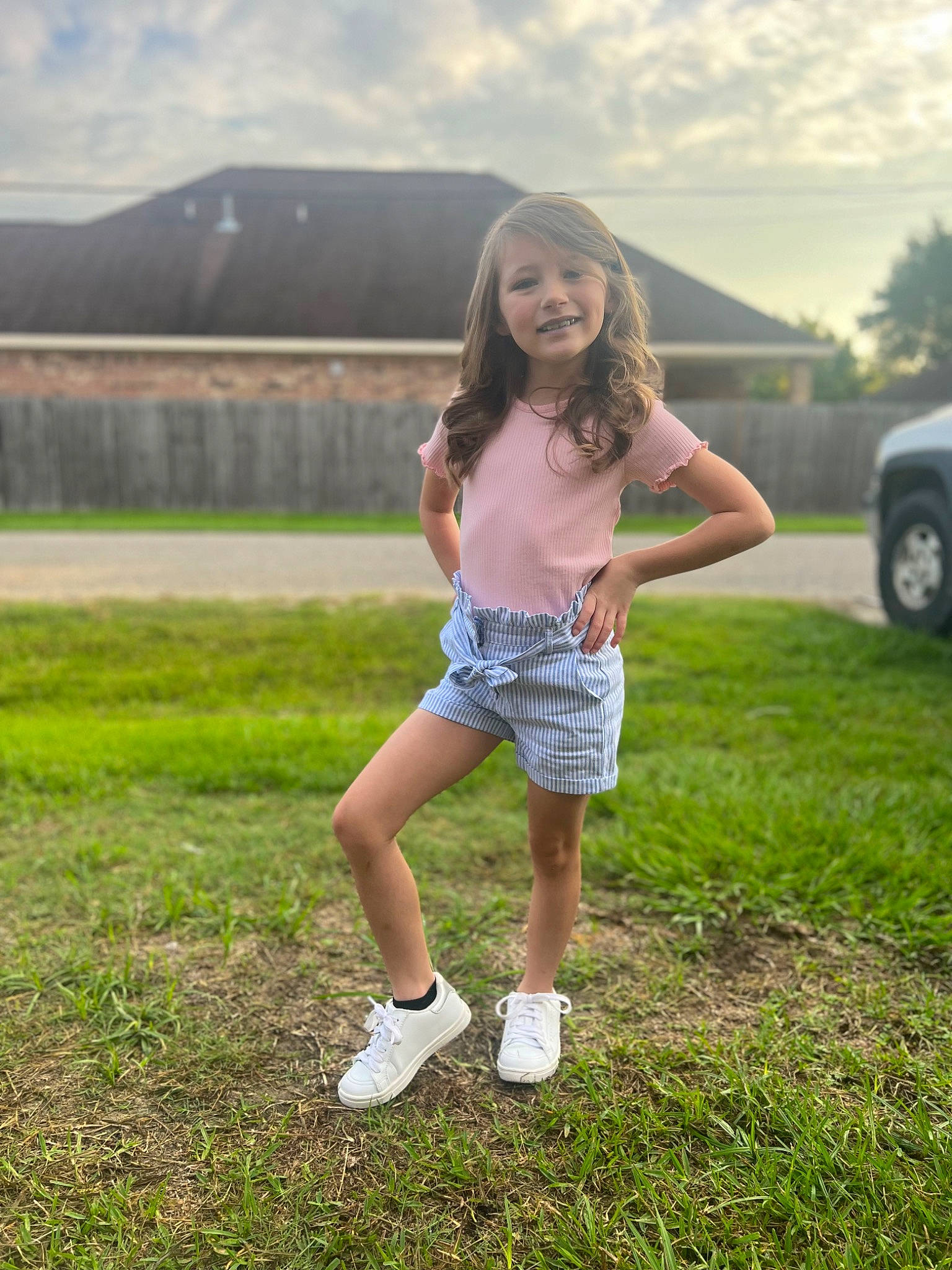 Aryannah joined the competition — help win amazing prizes! blond, cloud, flash_photography, footwear, fun, grass, grassland, hairstyle, happy, human_leg, joy, landscape, leisure, long_hair, meadow, people_in_nature, person, shorts, sky, smile