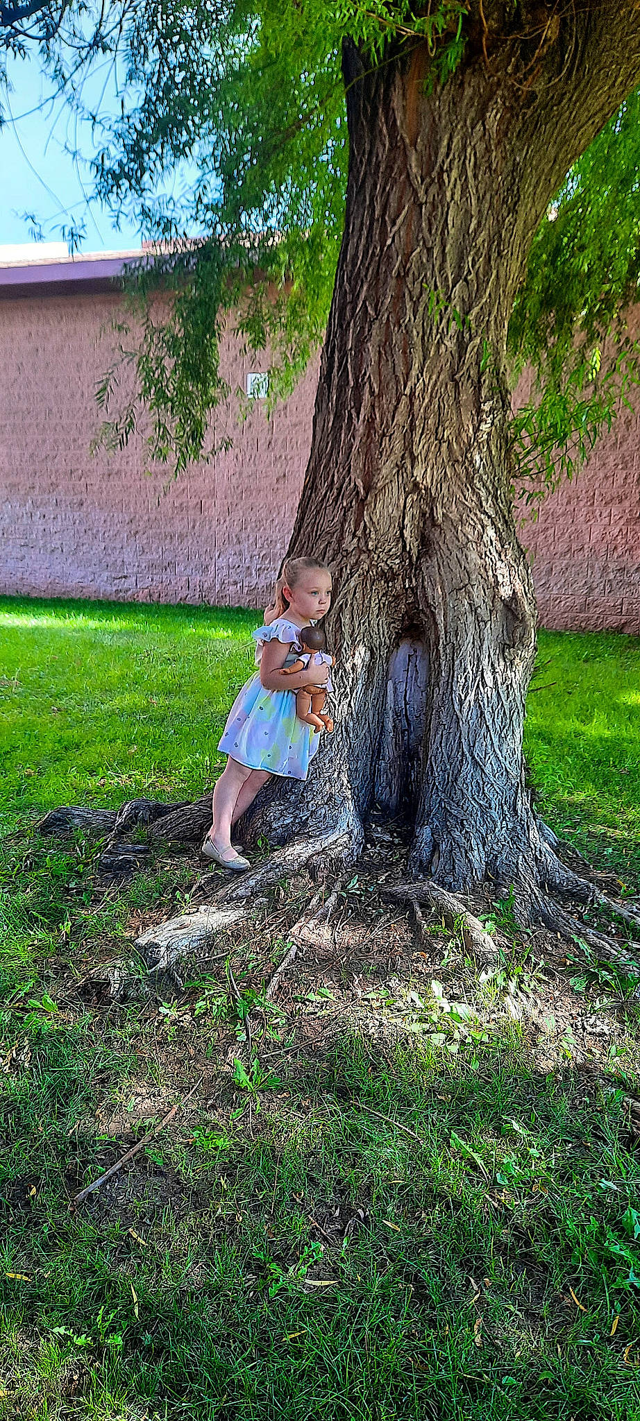 Legacy is registered to the contest to win money with this photo: branch, child, dress, garden, grass, grass_family, grassland, groundcover, happy, landscape, leisure, people_in_nature, person, plant, sandal, sitting, toddler, tree, trunk, wood