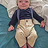 Evren joined the competition — help win amazing prizes! baby, infant, child, person, face, clothing, suspenders, pants, bed, blanket, comforter, blue, white, teal, foot, hand, skin, portrait, smile, cute