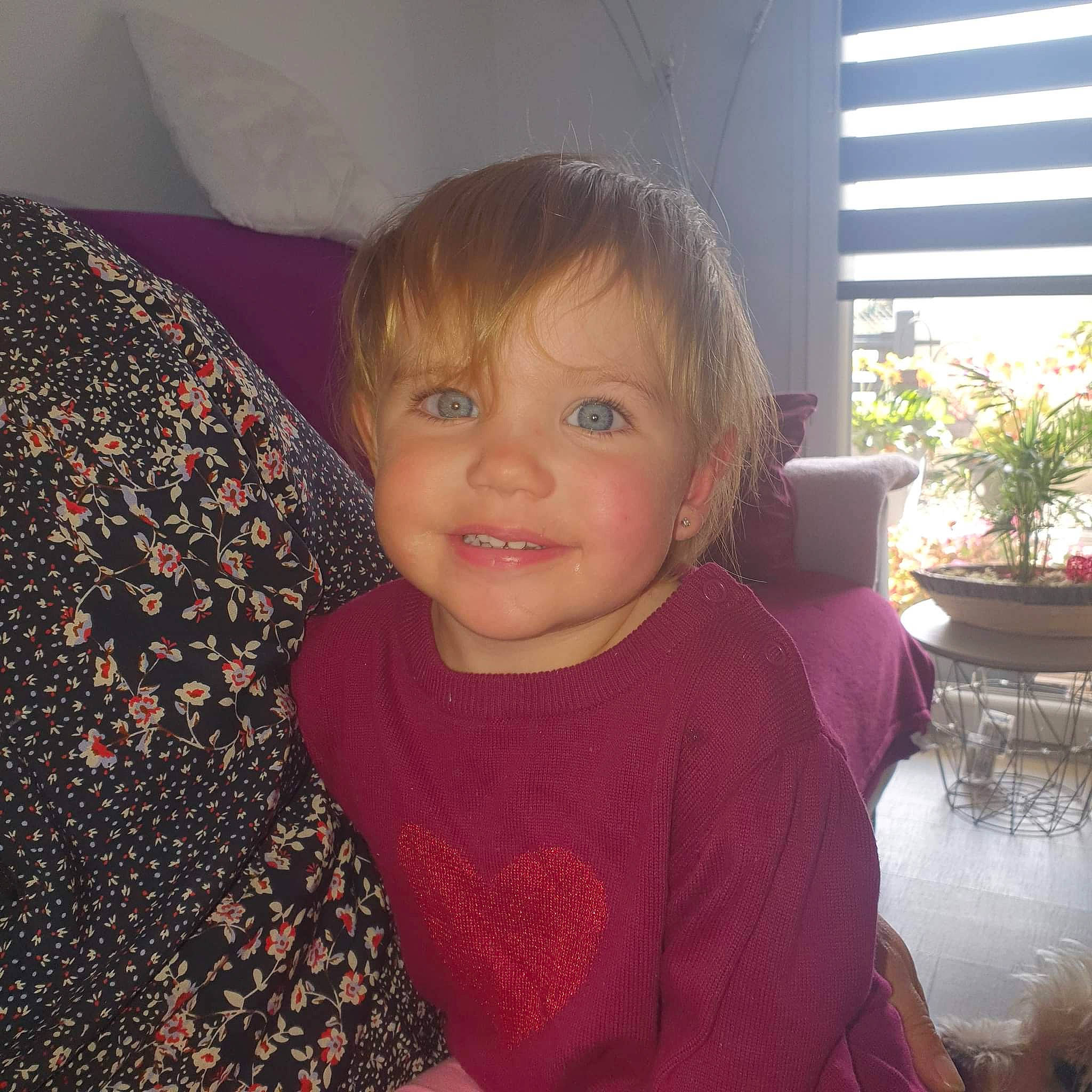 Mélyna participe au concours pour gagner de l'argent avec cette photo : baby, baby_toddler_clothing, cheek, comfort, flooring, flowerpot, fun, hairstyle, happy, houseplant, iris, joy, linens, person, plant, room, sitting, smile, thumb, toddler