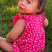 Zyla joined the competition — help win amazing prizes! toddler, child, pink_dress, polka_dots, grass, outdoor, cute, portrait, baby, sitting, looking_back, nature, summer, young_child, innocent, casual_clothing, daylight, curly_hair, skin, playful