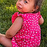 baby, casual_clothing, child, curly_hair, cute, daylight, grass, innocent, looking_back, nature, outdoor, pink_dress, playful, polka_dots, portrait, sitting, skin, summer, toddler, young_child