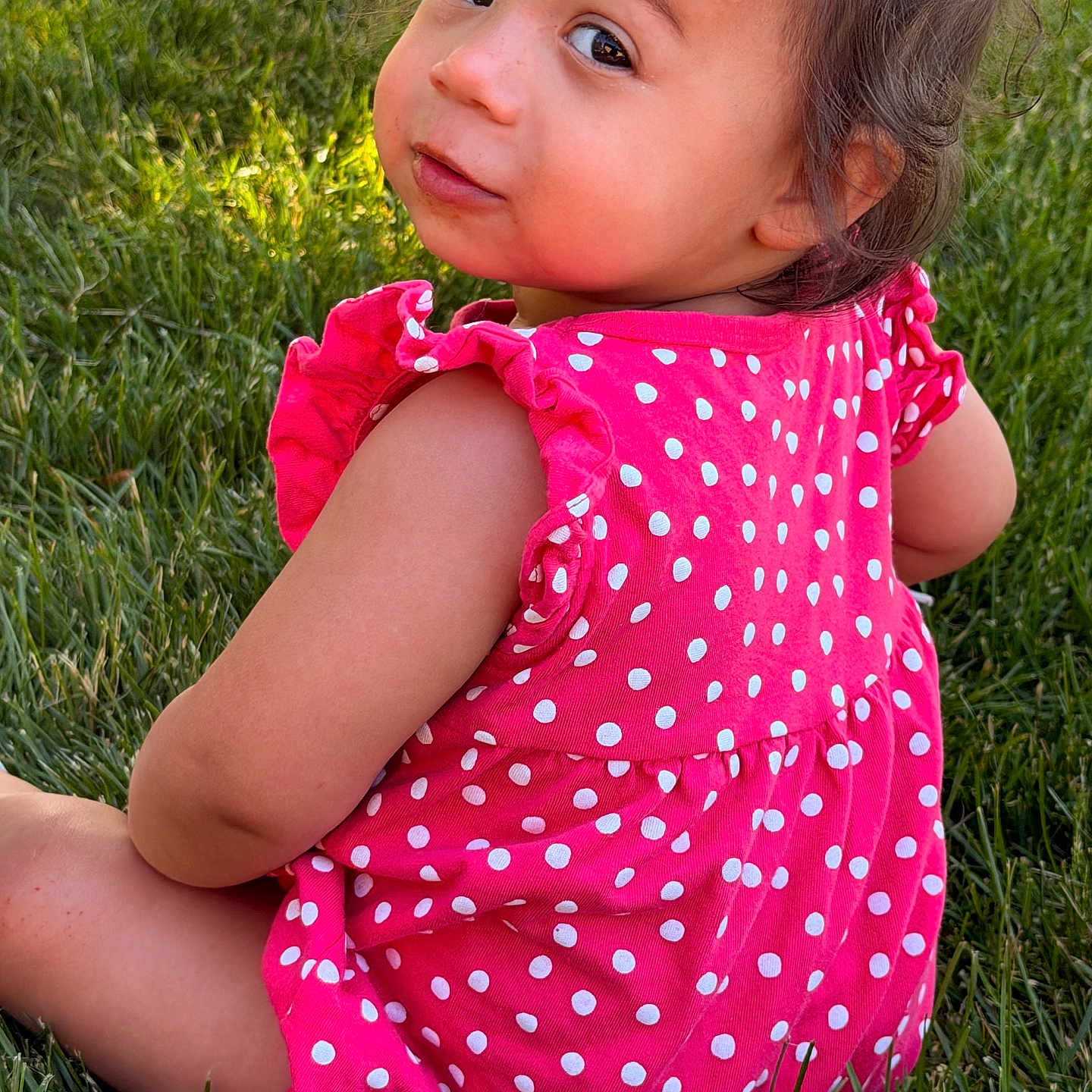 Zyla joined the competition — help win amazing prizes! toddler, child, pink_dress, polka_dots, grass, outdoor, cute, portrait, baby, sitting, looking_back, nature, summer, young_child, innocent, casual_clothing, daylight, curly_hair, skin, playful