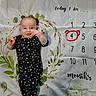 baby, infant, milestone_blanket, numbers, red_circle, onesie, stars_pattern, leafy_wreath, smiling, lying_down, months, decorative_background, cute, child, portrait, young_baby, celebration, fabric, baby_garment, playful