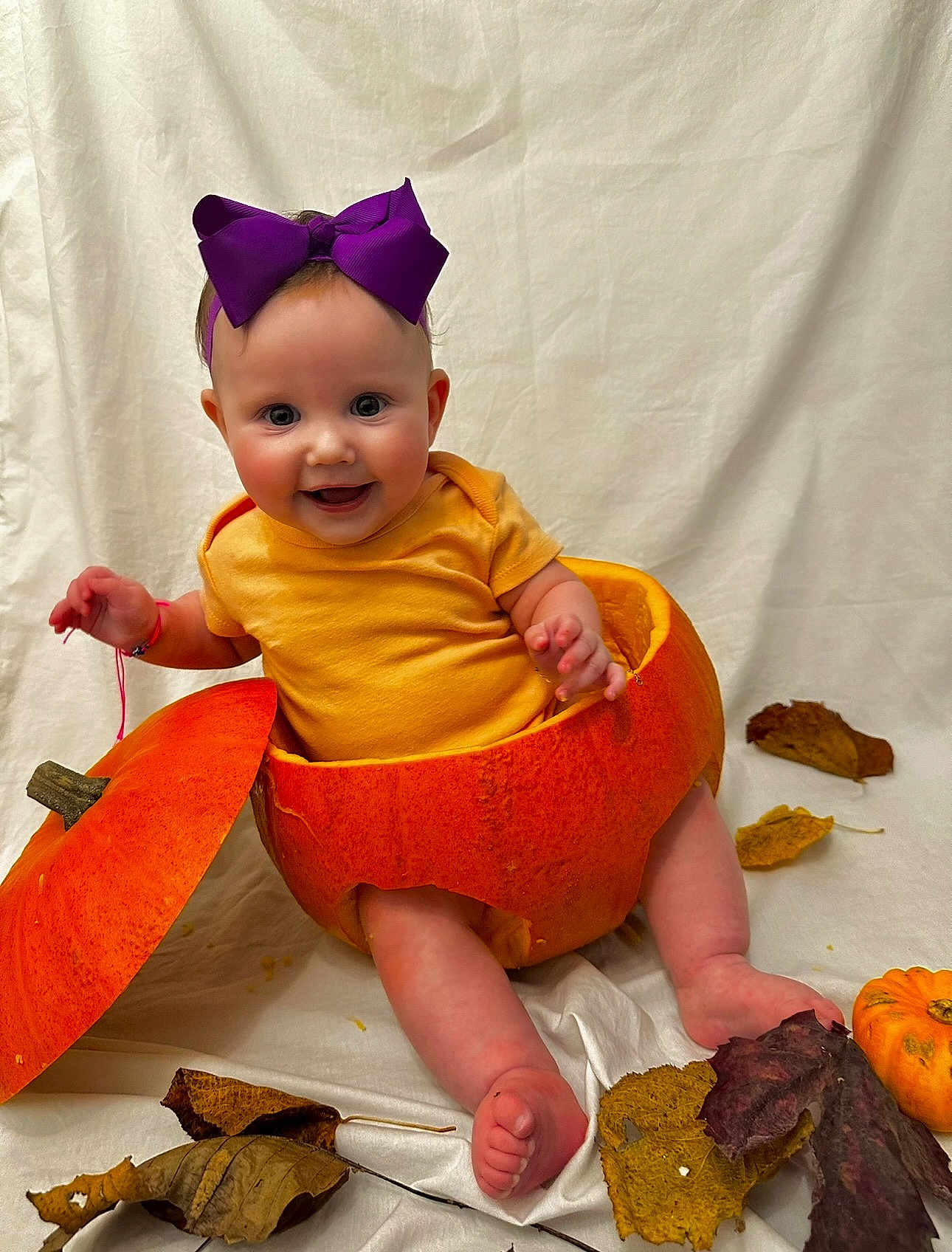 Katerina is registered to the contest to win money with this photo: baby, pumpkin, purple_bow, smiling, autumn_leaves, orange, yellow_shirt, cute, infant, fall, holiday, costume, playful, sitting, white_background, happy, child, seasonal, portrait, fun