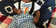 Lacina joined the competition — help win amazing prizes! baby, child, infant, blue_shorts, white_shoes, patterned_blanket, pillows, curious_expression, indoor, clothing, sitting, person, cute, young_child, footwear, text_on_shoes, plaid, relaxed, closeup, portrait