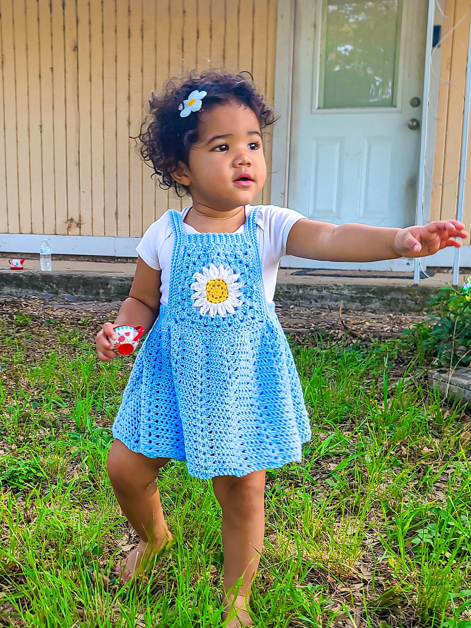 Harmony joined the competition — help win amazing prizes! baby_toddler_clothing, child, day_dress, door, electric_blue, fun, grass, grassland, happy, magenta, one_piece_garment, pattern, people_in_nature, person, plant, play, sleeve, summer, toddler, tree