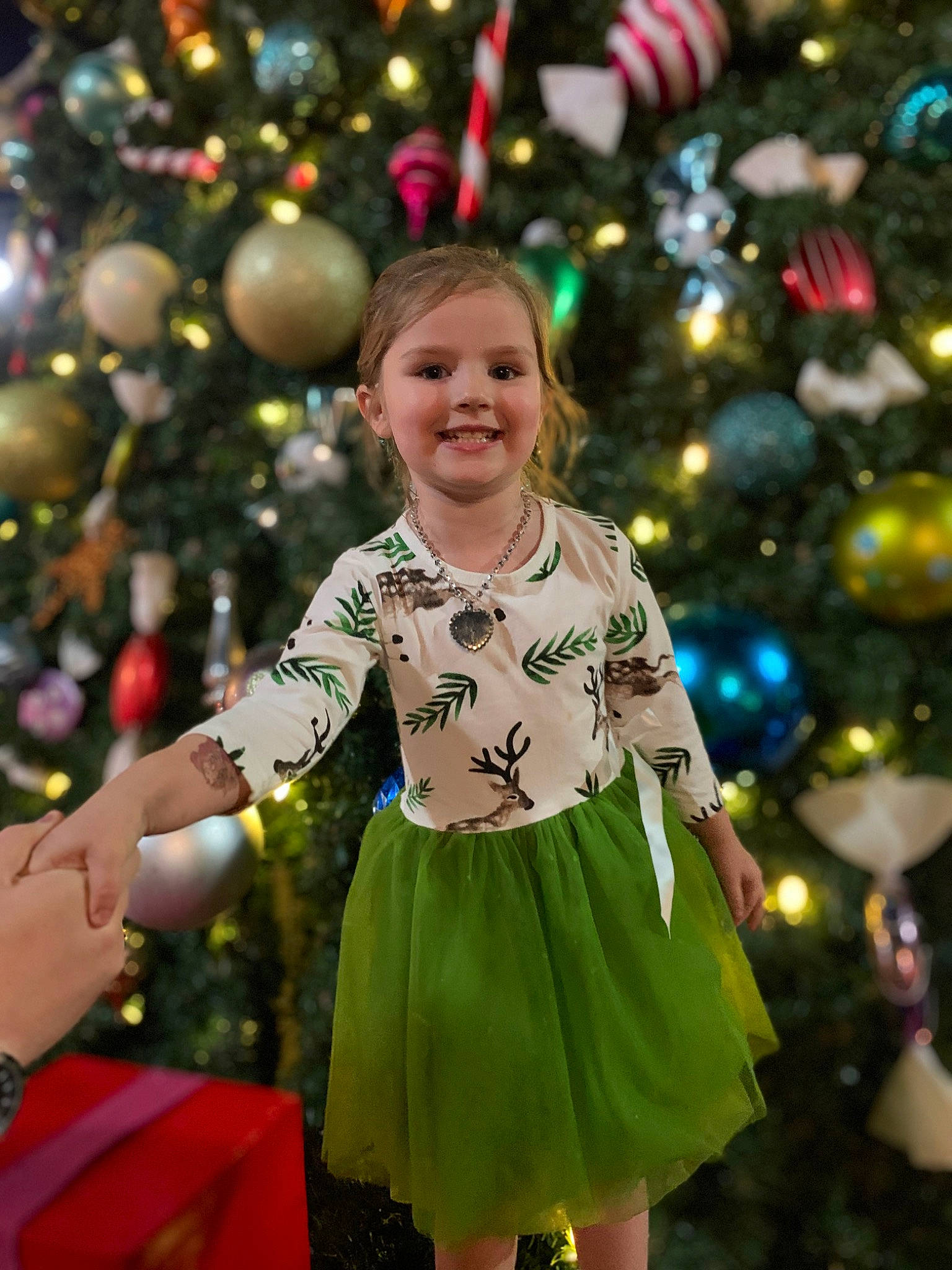 Hadleigh joined the competition — help win amazing prizes! christmas_decoration, christmas_ornament, christmas_tree, evergreen, facial_expression, fun, green, happy, head, holiday_ornament, human_body, joy, light, ornament, people_in_nature, person, photograph, smile, standing, toddler