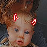 baby, adult, face_filter, devil_horns, whiskers, close_up, selfie, indoor, person, child, holding, candid, portrait, playful, cute, light_effect, hair, skin, expression, casual