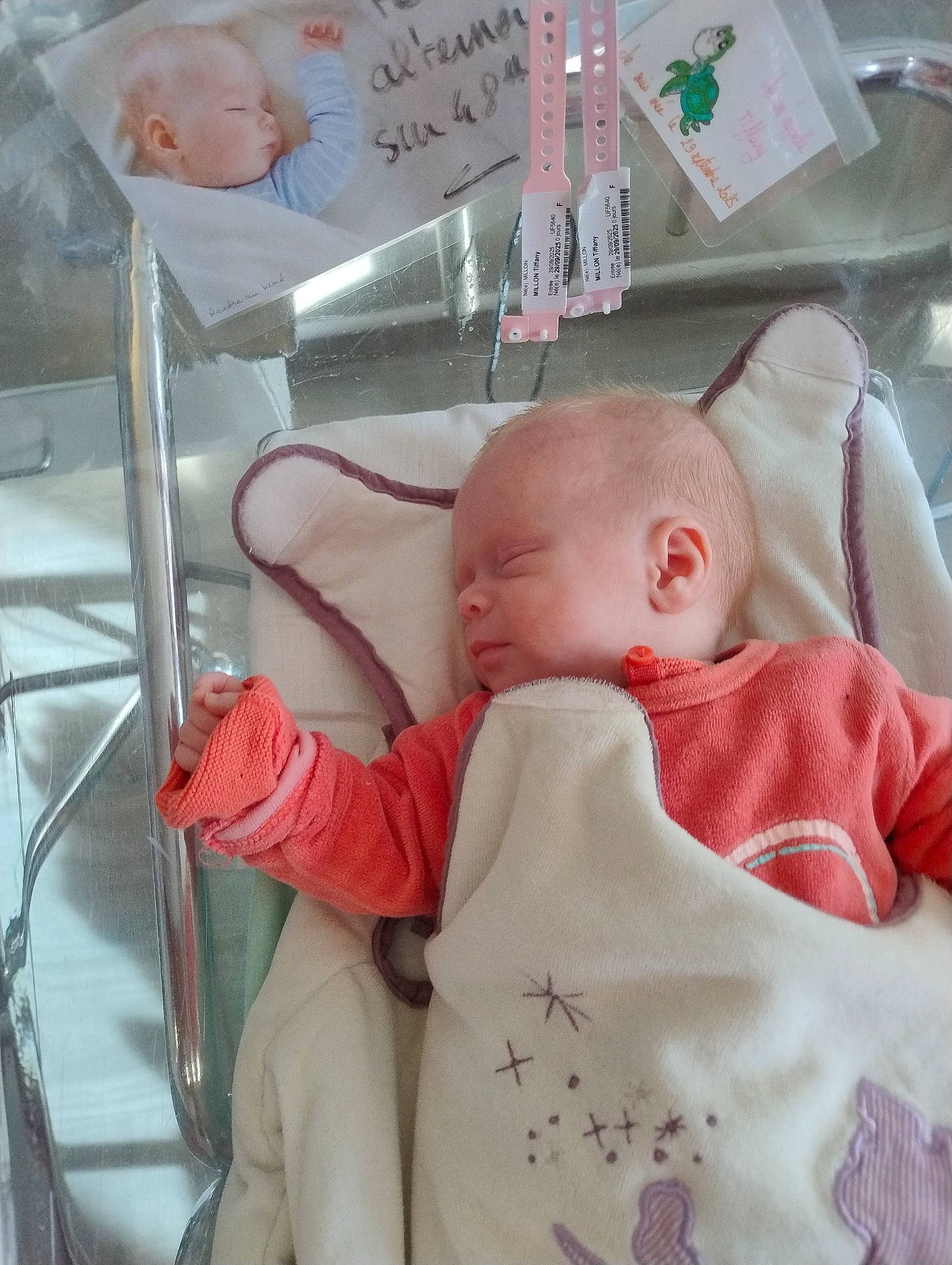 Tiffany participe au concours pour gagner de l'argent avec cette photo : baby, blanket, crib, cute, face, handwritten, hospital, indoors, infant, mittens, newborn, peaceful, person, photo, pink_clothing, resting, sleeping, soft, tags, toddler