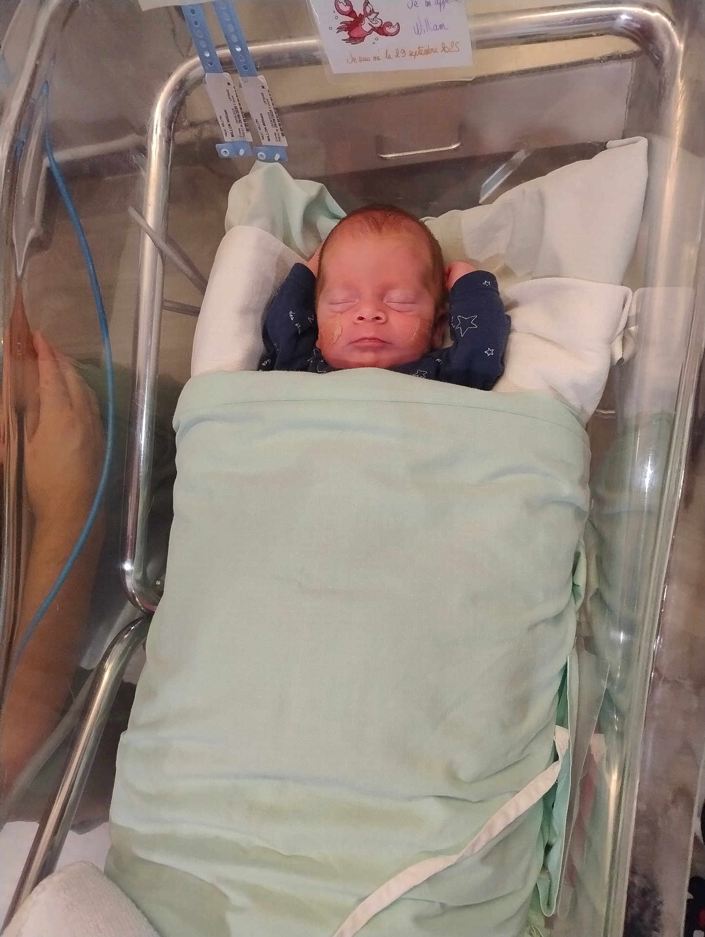 William participe au concours pour gagner de l'argent avec cette photo : newborn, baby, hospital, bassinet, blanket, sleeping, infant, wrapped, cute, peaceful, child, bed, medical, person, resting, soft, indoors, healthcare, tiny, face