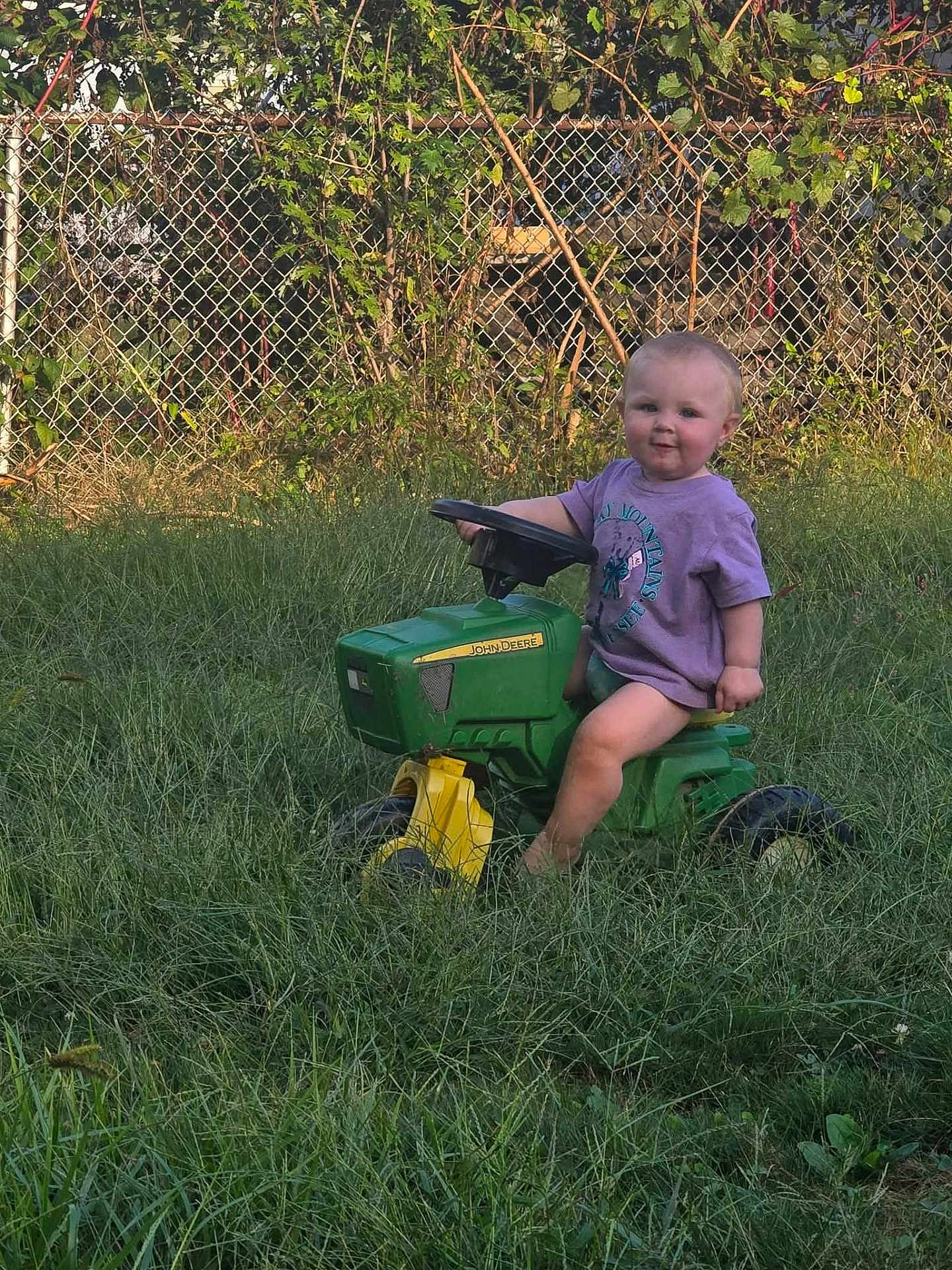 Sky joined the competition — help win amazing prizes! baby, child, toy, tractor, green, yellow, grass, outdoor, fence, chain_link_fence, plants, purple_shirt, person, cute, sitting, play, sunlight, nature, yard, summer