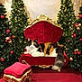 cat, calico_cat, red_throne, golden_accents, christmas_trees, christmas_lights, red_ornaments, holiday_decor, festive, plush_furniture, indoor, pet, animal, fur, relaxed, luxury, decorative, seasonal, celebration, cozy