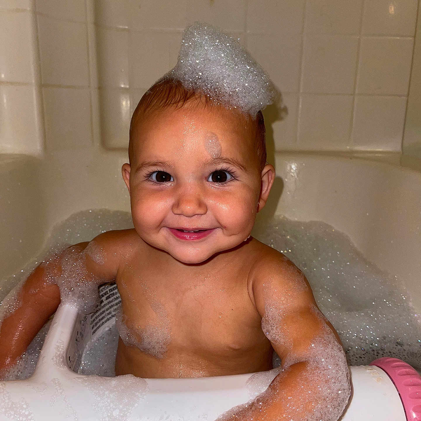 Lilian joined the competition — help win amazing prizes! baby, bath, bathtub, bubbles, child, cute, foam, happy, head, indoor, infant, person, playful, skin, smile, soap, toddler, water, wet, young_child