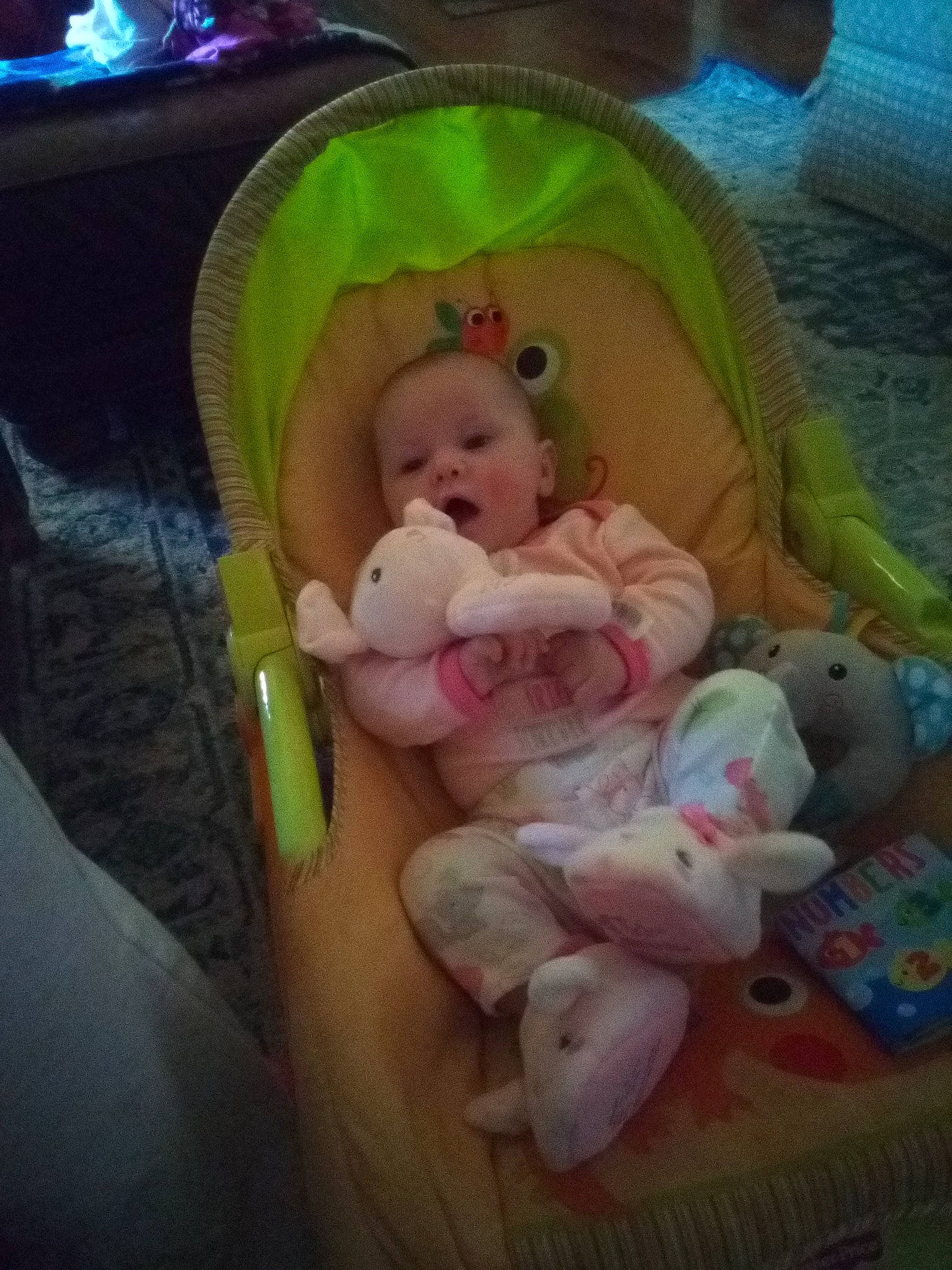Amelia is registered to the contest to win money with this photo: baby, baby_products, baby_toys, bed, cheek, child, comfort, doll, foot, fur, infant_bed, lap, person, plush, room, sitting, skin, stuffed_toy, surprise, thumb