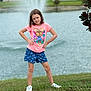 blue_shorts, cartoon_print, casual_clothing, child, confident, girl, grass, greenery, lake, nature, outdoor, pink_tshirt, playful, posing, smiling, standing, summer, water, white_shoes, young