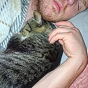 Roman is registered to the contest to win money with this photo: man, cat, sleeping, cuddling, pet, indoor, bedroom, blanket, arm, hand, beard, face, closed_eyes, striped_cat, tabby, cozy, portrait, flash_photography, resting, companionship