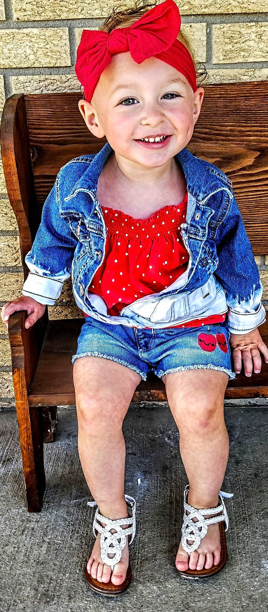 Jaylynn joined the competition — help win amazing prizes! baby_toddler_clothing, beauty, blue, child, denim, electric_blue, fun, happy, headwear, human_body, human_leg, jean_short, joy, pattern, person, red, sitting, skin, sleeve, smile