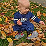 autumn, baby, blue_outfit, child, daylight, fall, grass, leaves, neighborhood, outdoor, park, portrait, road, seasonal, shoes, sidewalk, sitting, smiling, toddler, trees