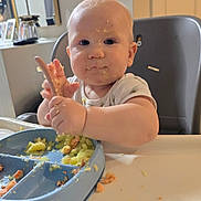 Kirill joined the competition — help win amazing prizes! baby, child, cute, eating, food, high_chair, home, indoor, infant, kitchen, mashed_food, mealtime, messy, plate, portrait, sitting, smiling, spoon, tray, vegetables