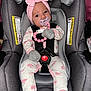baby, car_seat, child, cute, elephant_pattern, gray, headband, indoors, infant, mittens, newborn, pacifier, pajamas, pink, pink_bow, portrait, resting, safety_harness, seat_belt, wearing_clothes