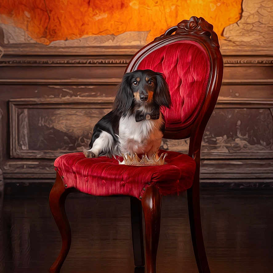 Tyler Christopher is registered to the contest to win money with this photo: animal, black_and_white, calm, chair, crown, decorative, dog, elegant, furniture, glossy_floor, indoor, long_hair, luxury, pet, portrait, red_velvet, royal, sitting, vintage_style, wooden_furniture