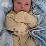 Matthias is registered to the contest to win money with this photo: baby, newborn, infant, blanket, clothing, onesie, swaddled, cozy, cute, face, portrait, sleepwear, pattern, blue, yellow, soft, child, person, indoors, resting
