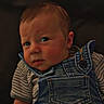 Silas is registered to the contest to win money with this photo: baby, child, infant, denim_overalls, striped_shirt, face, eyes, hair, rosy_cheeks, clothing, portrait, sitting, indoor, cute, young_child, person, expression, skin, head, casual