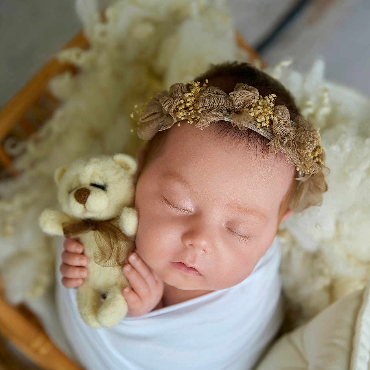 Arelys joined the competition — help win amazing prizes! baby, basket, blanket, child, closeup, cozy, cute, face, hand, headband, indoors, infant, newborn, peaceful, portrait, resting, sleeping, soft_texture, teddy_bear, wrapped