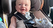 Danny joined the competition — help win amazing prizes! baby, bottle, car_seat, child, childhood, clothing, cute, dinosaur, face, happy, head, indoor, infant, person, playful, seatbelt, sitting, smiling, toy, young