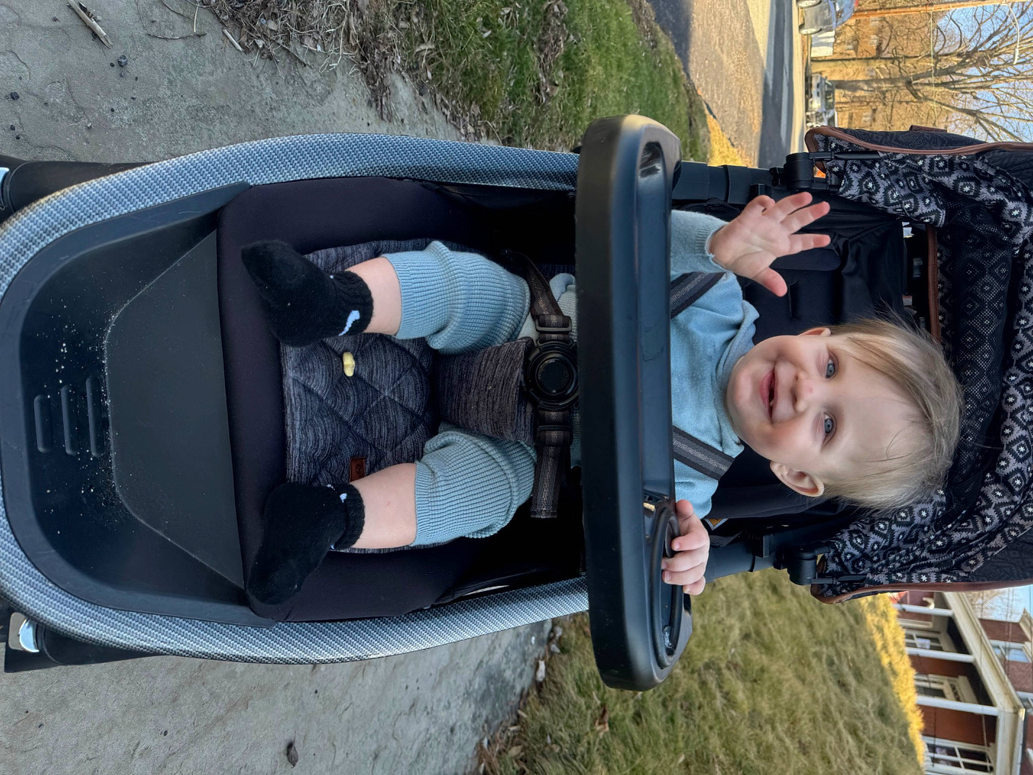 Orlando is registered to the contest to win money with this photo: auto_part, baby, baby_products, baby_toddler_clothing, black, child, comfort, grass, joy, leisure, person, plant, product, sitting, toddler, tree