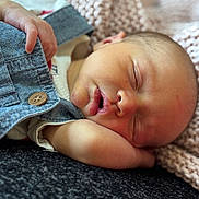 August joined the competition — help win amazing prizes! baby, sleeping, denim, overalls, blanket, knitted, infant, peaceful, resting, soft_lighting, closeup, face, hand, skin, cozy, portrait, child, newborn, relaxation, comfort