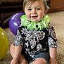 toddler, child, flower_lei, balloon, carpet, indoor, smiling, shorts, shirt, hands, feet, happy, baby, portrait, candid, sitting, cute, celebration, decor, person