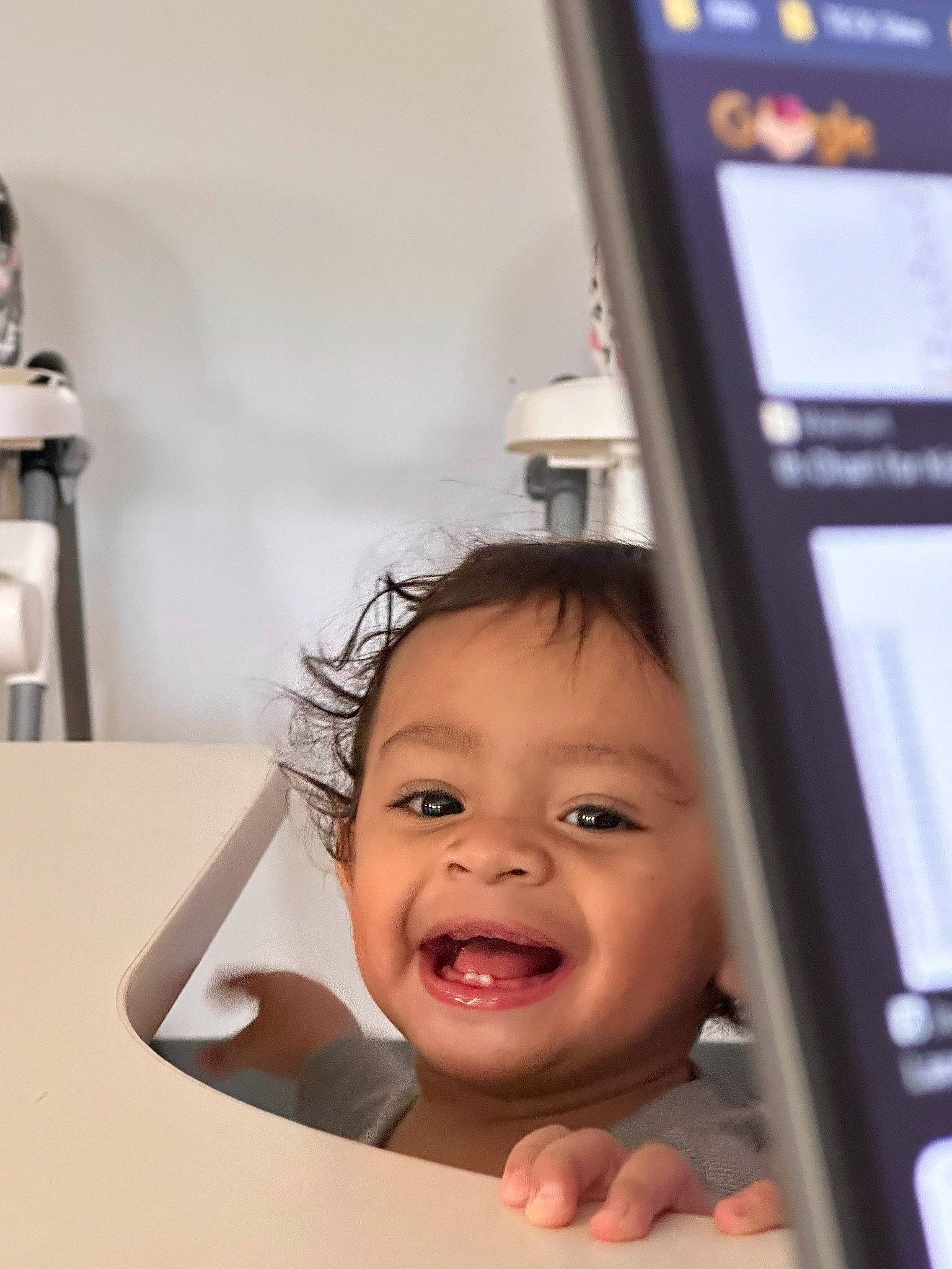 Giovanni is registered to the contest to win money with this photo: baby, baby_laughing, cheek, child, chin, communication_device, eyebrow, eyelash, finger, gesture, happy, joy, lip, material_property, nose, person, skin, smile, thumb, toddler