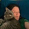 person, cat, gray_tabby, indoor, couch, relaxing, close_up, portrait, feline, pet, companion, casual, green_shirt, resting, animal, cute, cozy, home, friendship, comfort