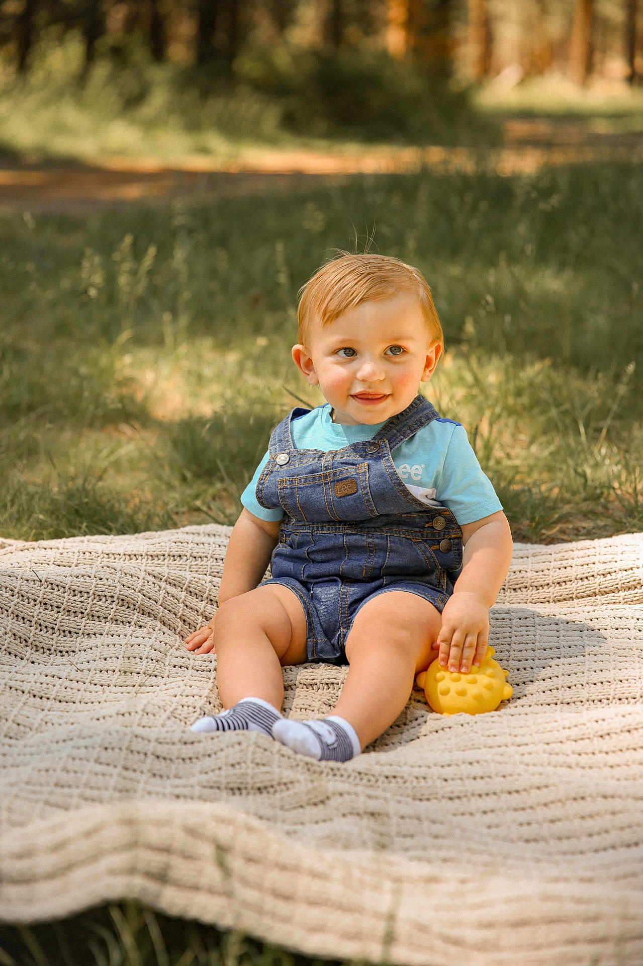Bentley joined the competition — help win amazing prizes! toddler, child, outdoor, grass, blanket, toy, denim, overalls, blue_shirt, smiling, sunlight, nature, cute, happy, playful, young_child, sitting, portrait, daytime, baby