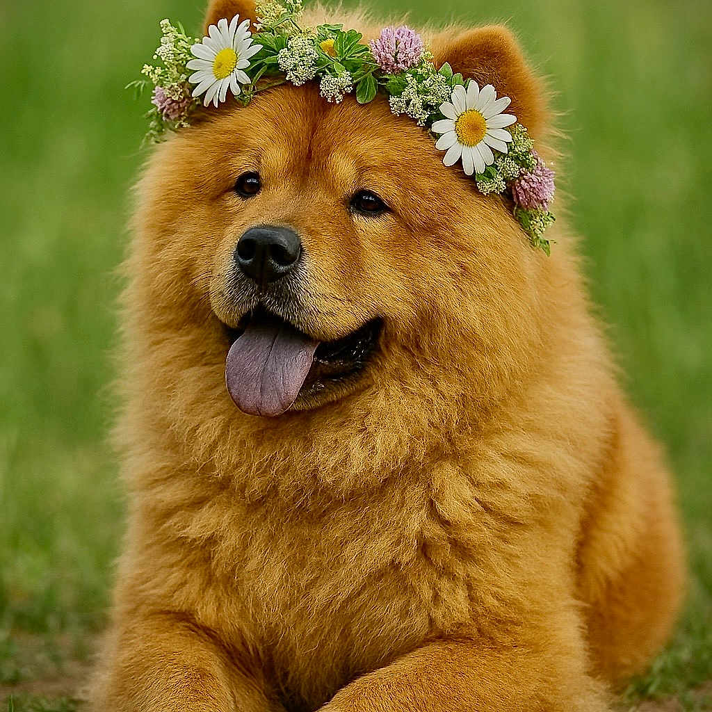 Alma participe au concours pour gagner de l'argent avec cette photo : animal, canine, chow_chow, clover, cute, daisies, dog, flower_crown, fluffy, fur, grass, green_background, nature, outdoor, pet, playful, portrait, resting, summer, tongue_out