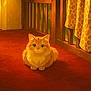 cat, orange_cat, animated, carpet, curtains, giraffe_pattern, indoor, sunlight, cozy, animal, pet, feline, floor, door, wooden_rail, whiskers, ears, big_eyes, sitting, warm_colors