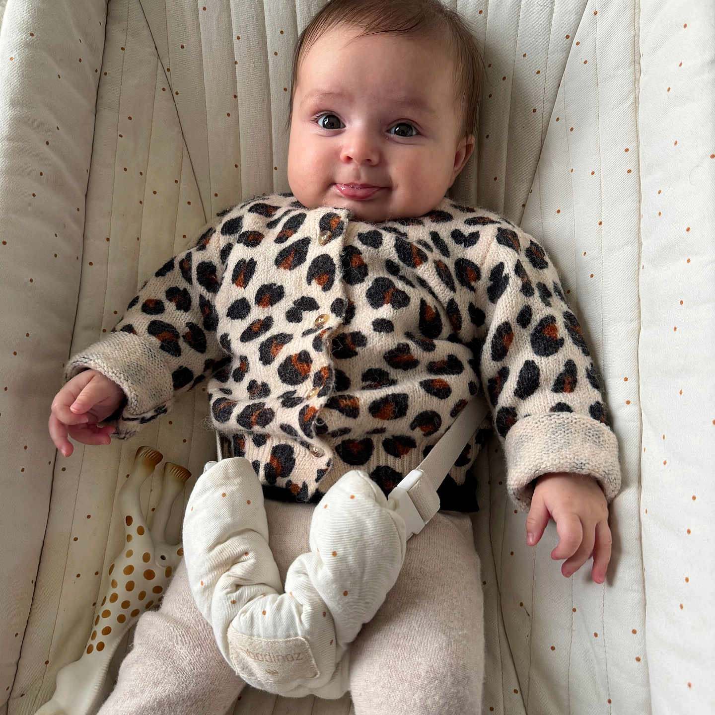 Romane participe au concours pour gagner de l'argent avec cette photo : baby, baby_girl, child, clothing, comfort, cozy, cushion, cute, face, giraffe, hands, indoor, infant, leopard_print, portrait, seat, smile, soft_fabric, sweater, toy