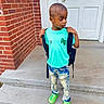 Jayvier is registered to the contest to win money with this photo: child, boy, backpack, school, school_day, outdoor, front_porch, steps, brick_wall, door, turquoise_shirt, green_shoes, jeans, standing, portrait, looking_away, short_hair, residential, daylight, casual_clothing