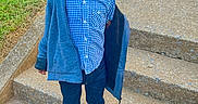 Jayvier joined the competition — help win amazing prizes! child, boy, portrait, outdoor, standing, stairs, steps, grass, lawn, walkway, blue_shirt, checkered_shirt, cardigan, sweater, pants, sneakers, fashion, young_person, face, daylight