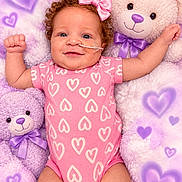 Royal joined the competition — help win amazing prizes! baby, blanket, child, curly_hair, cute, heart_pattern, indoor, infant, lying_down, medical_tube, nursery, pastel, pink, pink_bow, pink_outfit, portrait, purple, smiling, stuffed_animal, teddy_bear
