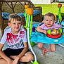 Riverlyn is registered to the contest to win money with this photo: child, baby, boy, smiling, happy, outdoor, baby_jumper, toy, wicker_chair, concrete_floor, fence, grass, playtime, casual_clothing, shorts, tshirt, barefoot, greenery, sunlight, family