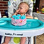 baby, high_chair, cake, pink_cake, blue_frosting, sprinkles, baby_trend, brick_wall, outdoor, party, snacks, table, hand, foot, curious, sucking_thumb, celebration, infant, person, food
