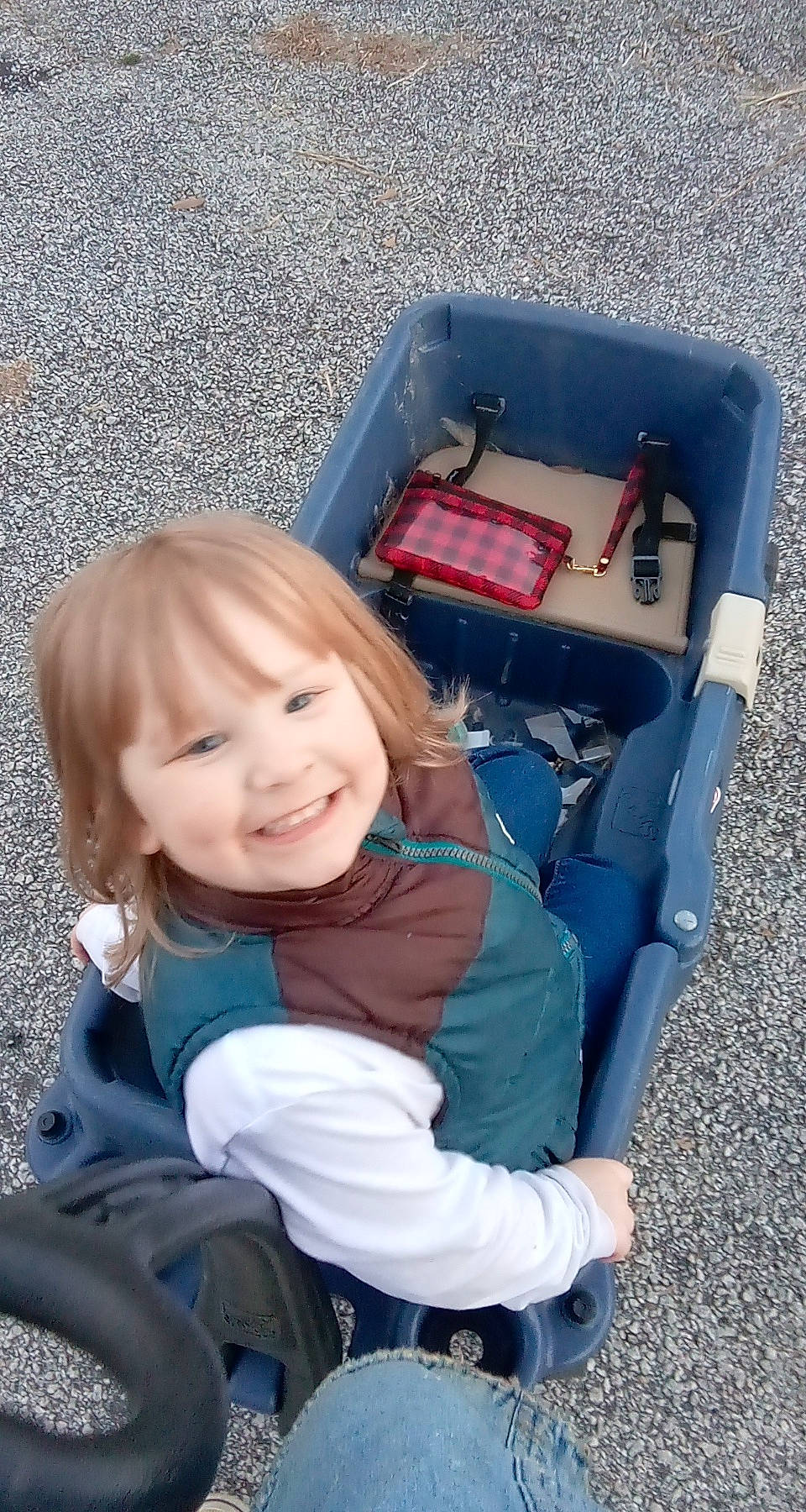 Brandy is registered to the contest to win money with this photo: baby, baby_carriage, baby_products, baby_toddler_clothing, baggage, boats_and_boating_equipment_and_supplies, child, comfort, cooler, inflatable_boat, joy, lap, person, plastic, raft, sitting, toddler