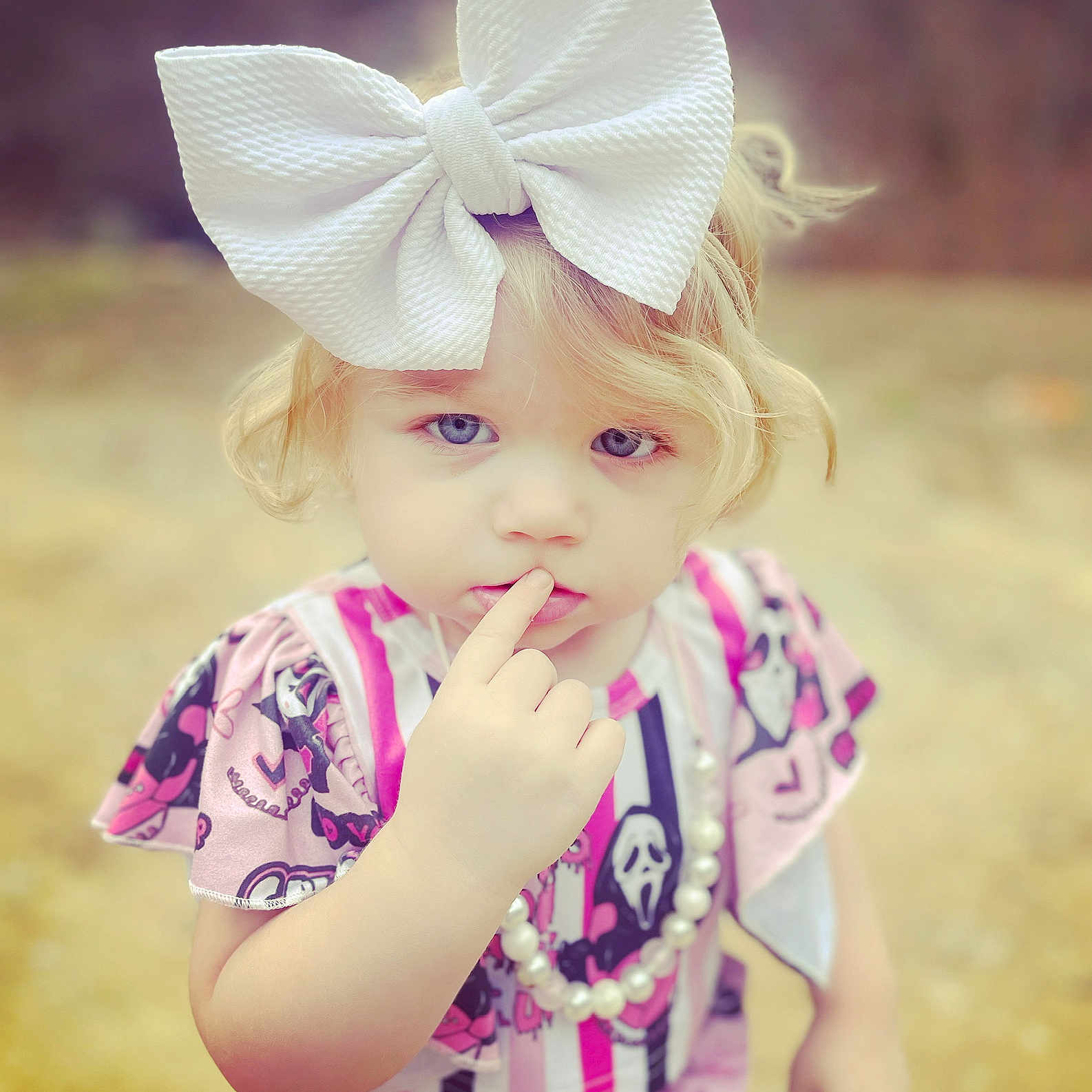 Paizley joined the competition — help win amazing prizes! baby_toddler_clothing, child, costume_hat, eyelash, face, grass, hair_accessory, happy, headband, headgear, headpiece, magenta, pattern, petal, pink, plant, purple, skin, sleeve, toddler