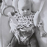 Ivy joined the competition — help win amazing prizes! baby, baby_seat, child, clothing, cushion, cute, expression, eyes, face, floral_pattern, hand, head, indoor, infant, monochrome, patterned_clothing, portrait, sitting, soft_toys, toy